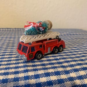Altered, 1982, Matchbox, Red, Fire Engine, Truck, Car, Toy, Collectible, Vehicle, With, Christmas Tree, Christmas, Ornament, Decoration, Men