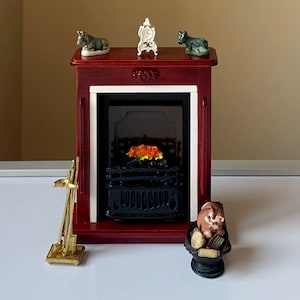 Vintage, 1:12th Scale, Dolls House, Mahogany, Fireplace, With Fire Grate, With Burning Fire Effect, Fire Irons, Clock, Coal Scuttle, And Cat