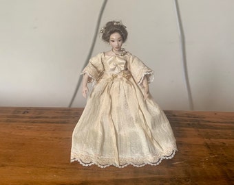 Vintage, Artisan, Handmade, 1:12th Scale, Dolls House, Victorian, Edwardian, Lady, Figure, Woman, In Silk and Lace, Dress, With Necklace
