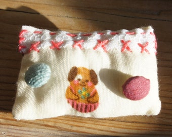 Handmade Puppy Love Button And Lace Fabric Brooch Pin With Hand Embroidered Kisses And Vintage Fabric Covered Buttons