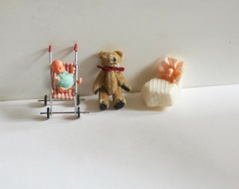 Vintage, Handmade, 1:12th scale, Dolls House, Toys, Doll, Buggy, Push Chair, Doll In Crib, Teddy, Bear, Pretend Play, Miniature, Collectible