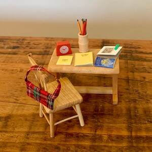 Vintage, 1:12th Scale, Dolls House, Miniature, Wooden Desk, Chair, School Bag, Books, Pencils, Clock, Paperclip, Collectible, Dollhouse, Mum