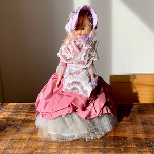 Beautiful, Vintage, French, Souvenir, Plastic, Doll, In, Pink and White Lace Dress, Folk, European, Costume, With Bonnet, France, Figure