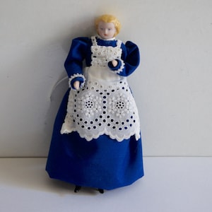 Vintage, Artisan, Handmade, 1:12th Scale, Dolls House, Miniature, Maid, In Blue Dress With Lace Pinafore, Figure, Lady, Woman, Victorian
