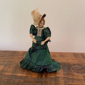 Beautiful, Artisan, 1:12th Scale, Dolls House, Hand Dressed, Lady, Doll, In Victorian, Edwardian, Lace Detailed, Green, Dress, and Large Hat