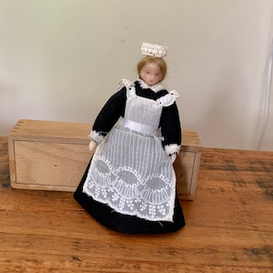 Vintage, Artisan, Handmade, 1:12th Scale, Dolls House, Miniature, Wax, Doll, Maid, In Black Dress With Pinafore, Petticoat, Bloomers, Lady