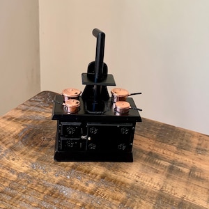 Vintage, 1:12th Scale, Dolls House, Black, Aga, Range, Cooker, With Four Copper Sauce Pans, With Lids, Kitchen, Victorian, Edwardian, Gift