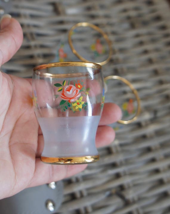 Vintage Set Of Two Decorative Glass Shot Glasses Rose Etsy