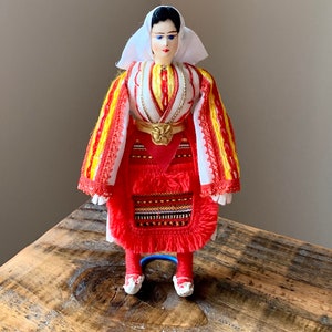 Vintage, Mid Century, Fabric Doll, In, Red, Yellow and White, Folk, Costume, Collectible, Souvenir, Doll, On Stand, Display, Gift, Present