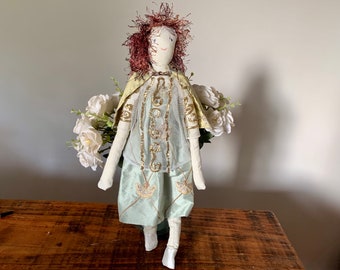 Sweet, Handmade, Cloth, Art Doll, In Floral Embroidered Sateen Dress, With Gold Stole, And Sateen Boots, Display, Collectible, Present, Fae