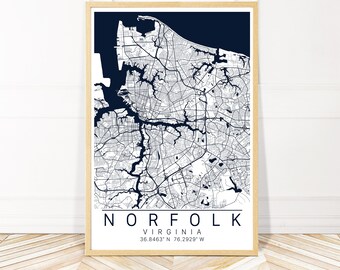 Norfolk Map Art Print - City Art - Map of Norfolk Virginia - Framed, Canvas or Print, Wayfinder Creative