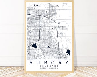 Aurora Map Art Toile encadrée ou imprimée - Carte d'Aurora Colorado - Carte de la ville Art mural de Wayfinder Creative