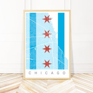 Tableau encadré ou impression d'art de la carte de Chicago - oeuvre d'art murale drapeau de Chicago - oeuvre d'art de la ville de Chicago - oeuvre d'art murale plan de la ville par Wayfinder Creative