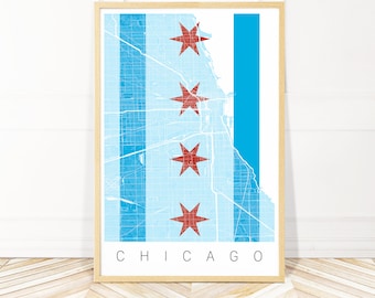 Chicago Map Art Framed Canvas or Print - Chicago Flag Wall Art - Chicago City Art - City Map Wall Art by Wayfinder Creative