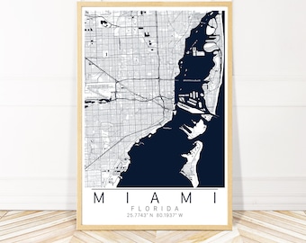 Miami Map Art Framed Canvas or Print - Map of Miami Florida in a Frame or Canvas - City Map Wall Art by Wayfinder Creative