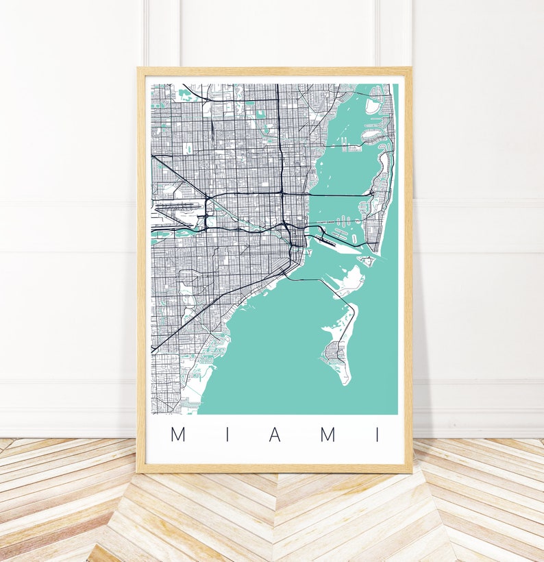 Miami Map Art Print Map of Miami Florida Miami Beach Art Etsy
