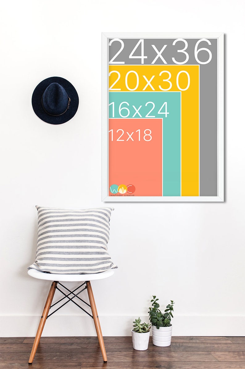May include: A white frame with a colorful graphic showing different sizes of prints. The sizes are 24x36, 20x30, 16x24, and 12x18. The graphic is in shades of gray, yellow, teal, and coral.