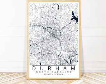 Durham NC Map Art Print- Durham North Carolina City Art - Map of Durham NC - Print, Canvas or Framed - Wayfinder Creative