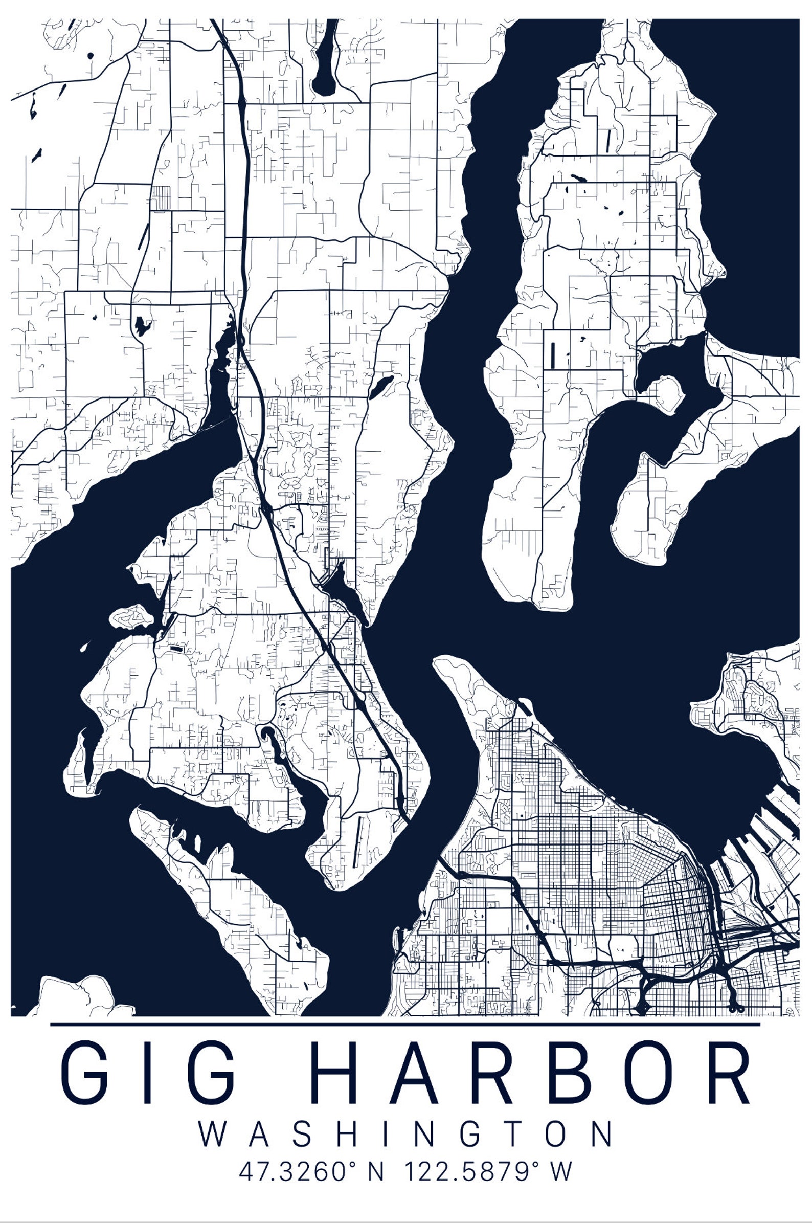 Gig Harbor Map Art Framed Canvas or Print City Map Wall Art Etsy