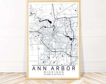 Ann Arbor Map Art - Map Print  of Ann Arbor Michigan  - City Art - Framed Unframed or Canvas - Wayfinder Creative