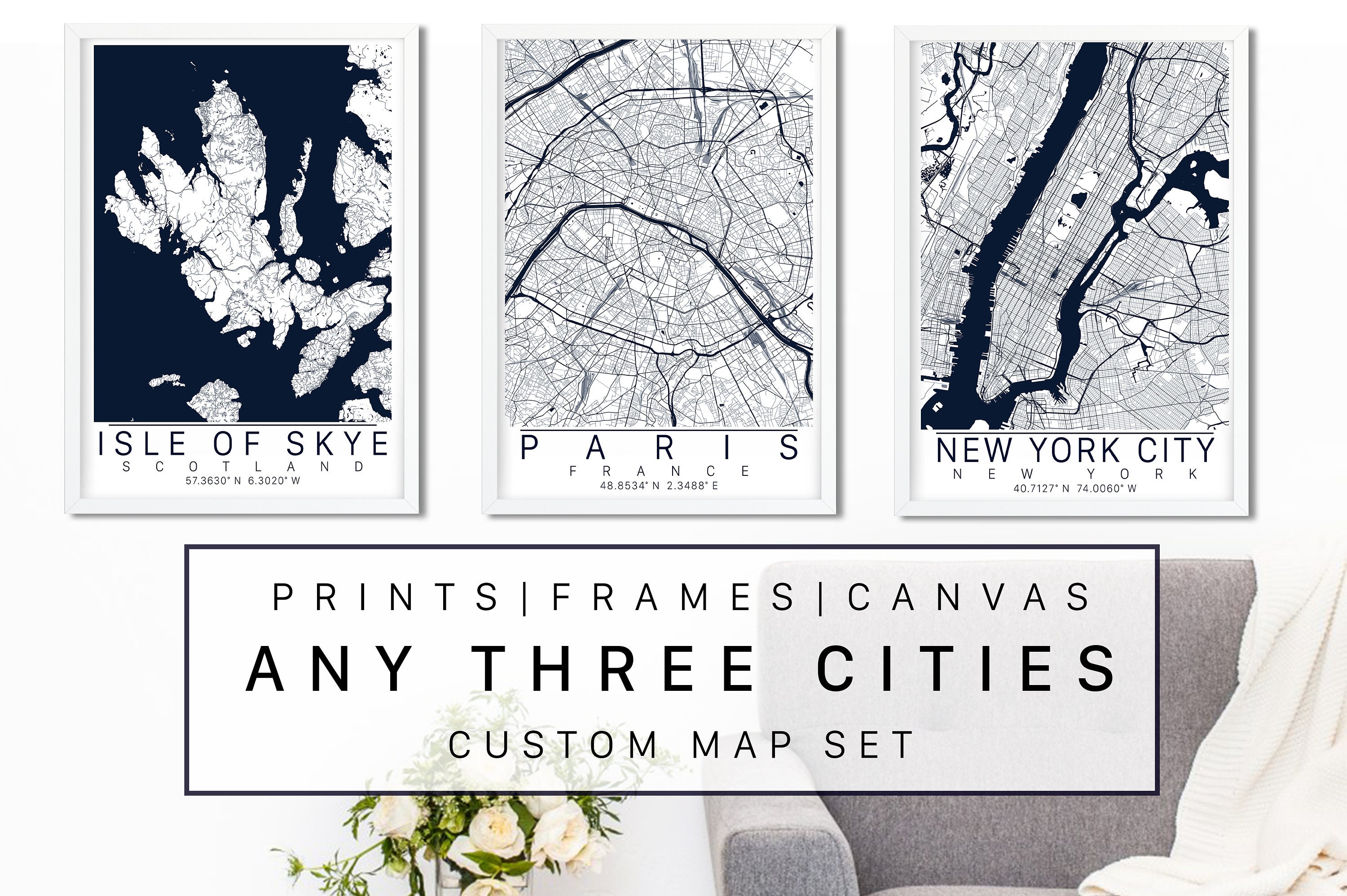 City Map Frame City Art - Custom City Map Bundle - Office Wall Art - Framed City Maps ...