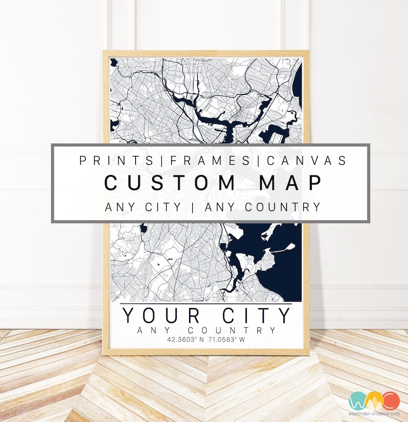 City Map Frame Custom City Map Art Framed, Canvas or Print - Canvas City Map Wall Art ...