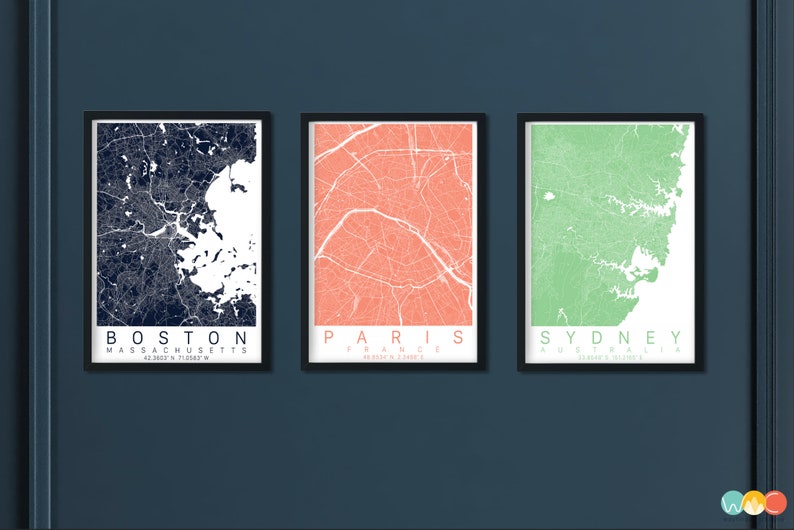 City Map Art Bundle Set of 3 Maps Framed Canvas or Prints Etsy