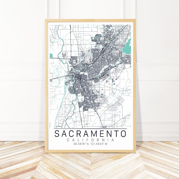 Sacramento Map Art Print - Map of Sacramento California with Coordinates -  Print, Framed or Canvas - Wayfinder Creative