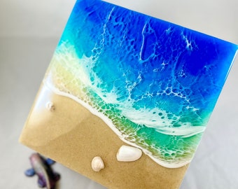 Mini pictures/modern art pictures/small pictures/beautiful pictures of the sea/epoxy resin mural/structures pictures/sea pictures approx. 15 x 15 cm on wood