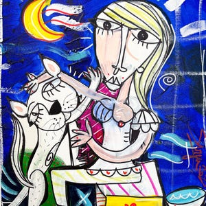 La Gattara 44x38, portrait de femme avec un chat, Séville2025. Artiste contemporain, tableaux de femmes et de chats, huile sur toile