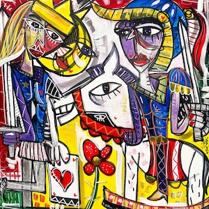 Tableau de taille moyenne soldat à cheval avec roi et cartes à jouer Alexandre Séville artiste contemporain, art fabriqué en Italie.