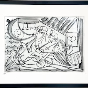 Quadro moderno carboncino, bacio in spiaggia , coppia innamorati che si amano, mare e amore dell'artista Alessandro Siviglia 76x106 cm