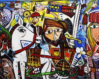 Sangre dell'Etna modern painting colored in a lively and brilliant way on Sicily and characters of Sicily Italy