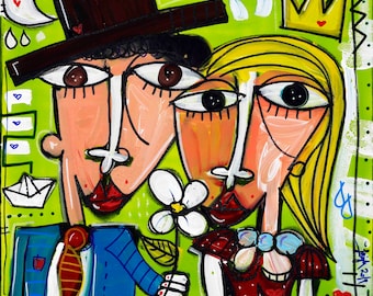 Modern painting on canvas with apple green colors, couple in love to give on valentine's day, small gift paintings