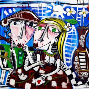 May include: Abstract painting featuring two figures with green eyes, a brown hat, and a blonde woman with a flower in her hair. Playing cards with hearts and the words "I Love" are scattered around. A vase with flowers is on the right.