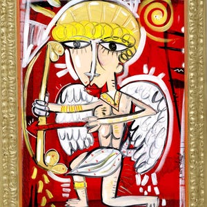 Modern painting Cupid 97x75 Hearts and Arrows, oil on canvas original painting with antique gold frame