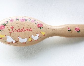 PERSONALISED HAIRBRUSH Hens & Roses design