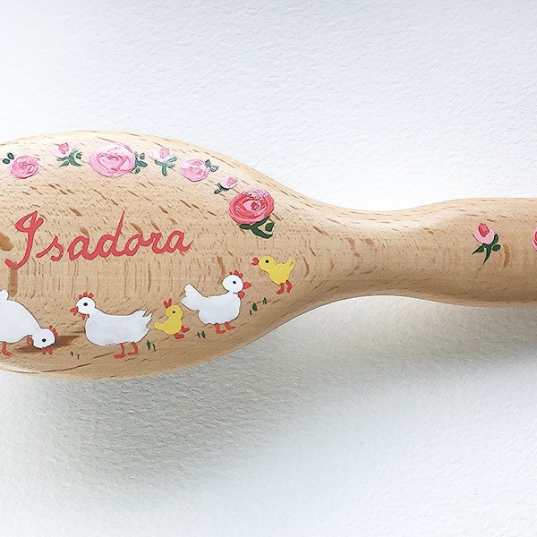 PERSONALISED HAIRBRUSH Hens & Roses design