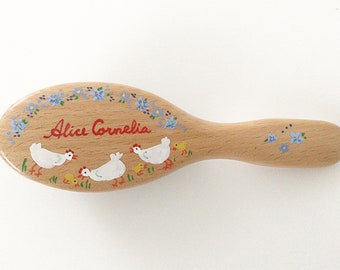 PERSONALISED HAIRBRUSH Hens & Blue Flowers design