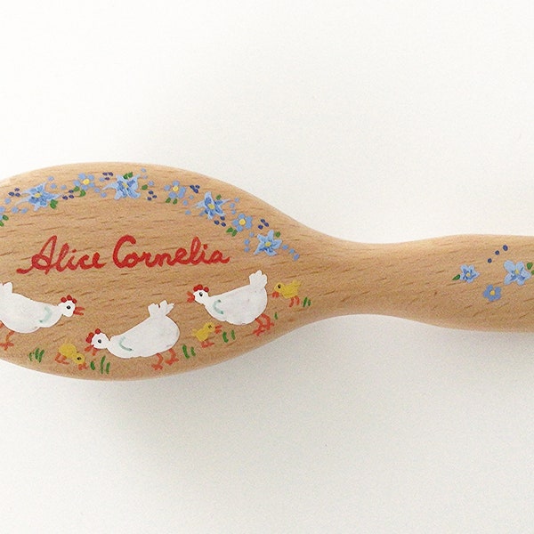 PERSONALISED HAIRBRUSH Hens & Blue Flowers design