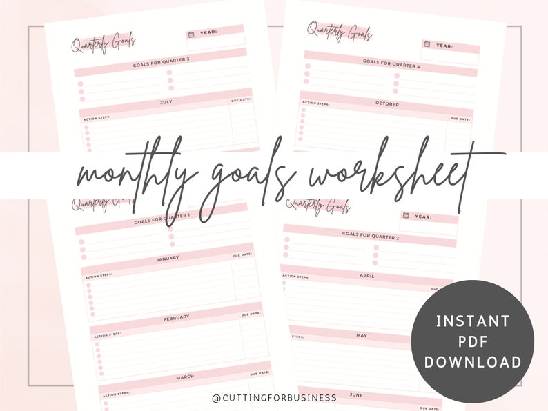 Printable Monthly Quarterly Goals Worksheet - Watercolor - Pink ...
