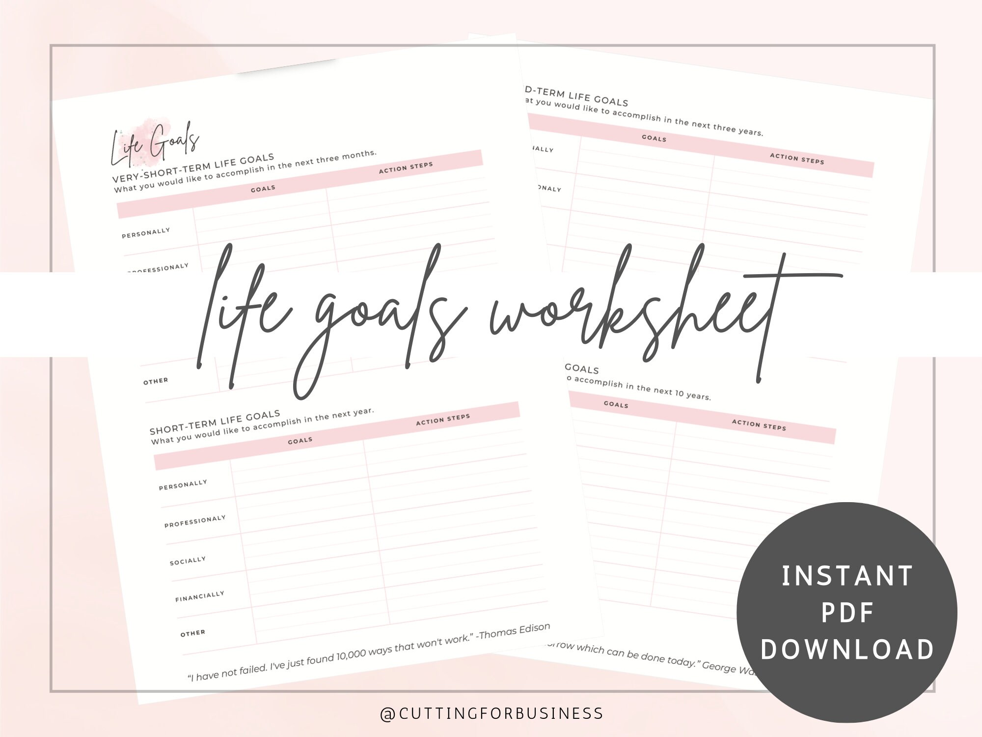 Printable Life Goals Worksheet - Watercolor - Pink - Inspiring Quotes ...