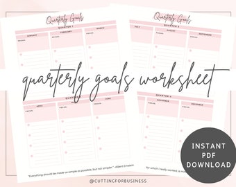 Printable Quarterly Goals Worksheet - Watercolor - Pink - Inspiring Quotes - PDF - Instant Download