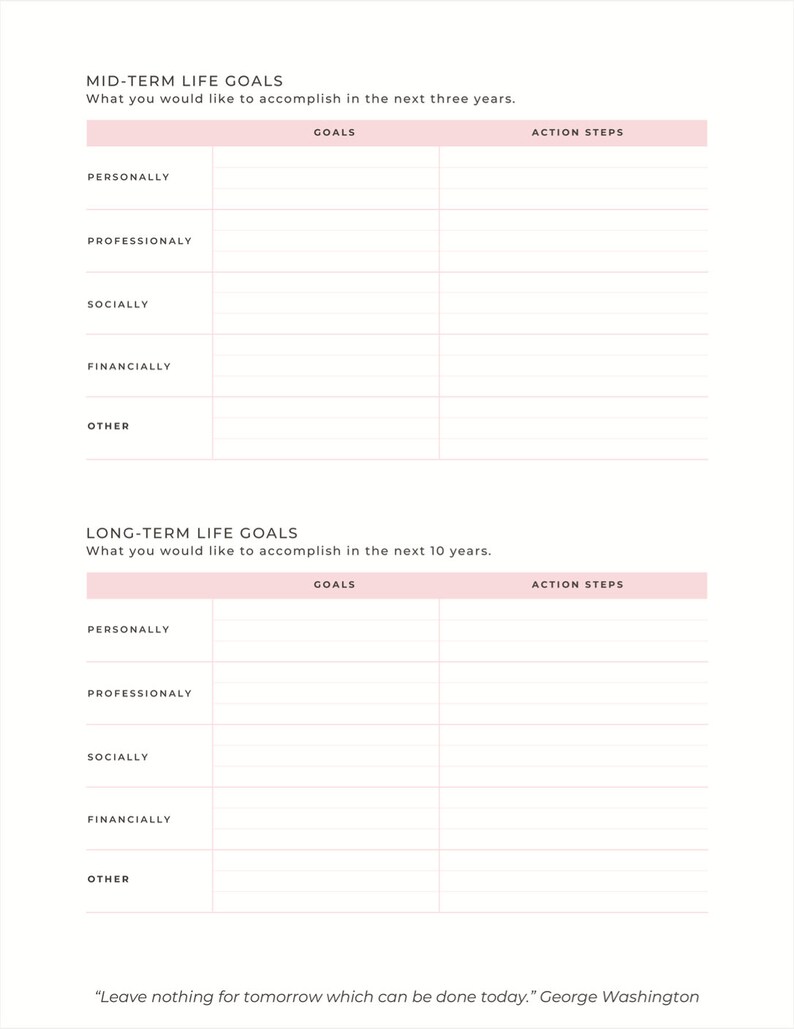 Printable Life Goals Worksheet - Watercolor - Pink - Inspiring Quotes ...