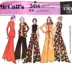 70&#39;s Cowl Neck Pullover Top McCalls 3414 Sewing Pattern Bell bottom Pants Shirt 12 uncut