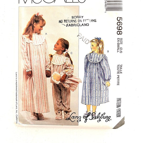 Children's Sleepwear Booties and Doll Pajamas Girl's nightgown Sewing Pattern McCall's 5698 Size 2-4