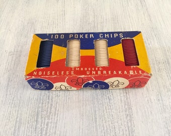 Box of 100 Vintage Embossed Golfer Composition Poker Chips in Red White and Blue Poker Night Vintage Poker Chips