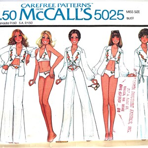 May include: Vintage McCall's 5025 sewing pattern featuring a shirt, swimsuit, and pants. The illustration shows five women in white outfits with floral embroidery. The pattern includes a blue transfer for embroidery. The bust size is 34 inches.