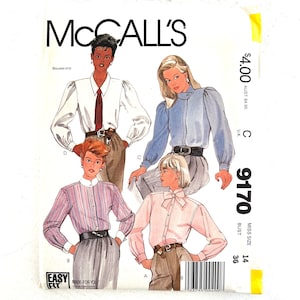 Misses Blouse and Tie Sewing Pattern McCall&#39;s 9170 Button Front Collar Shirt Size 14 uncut