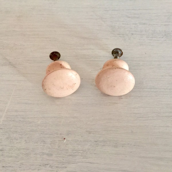 Old Wooden Mushroom Drawer Pulls, Chippy Paint Pink, Coat Hooks, Wood Handles